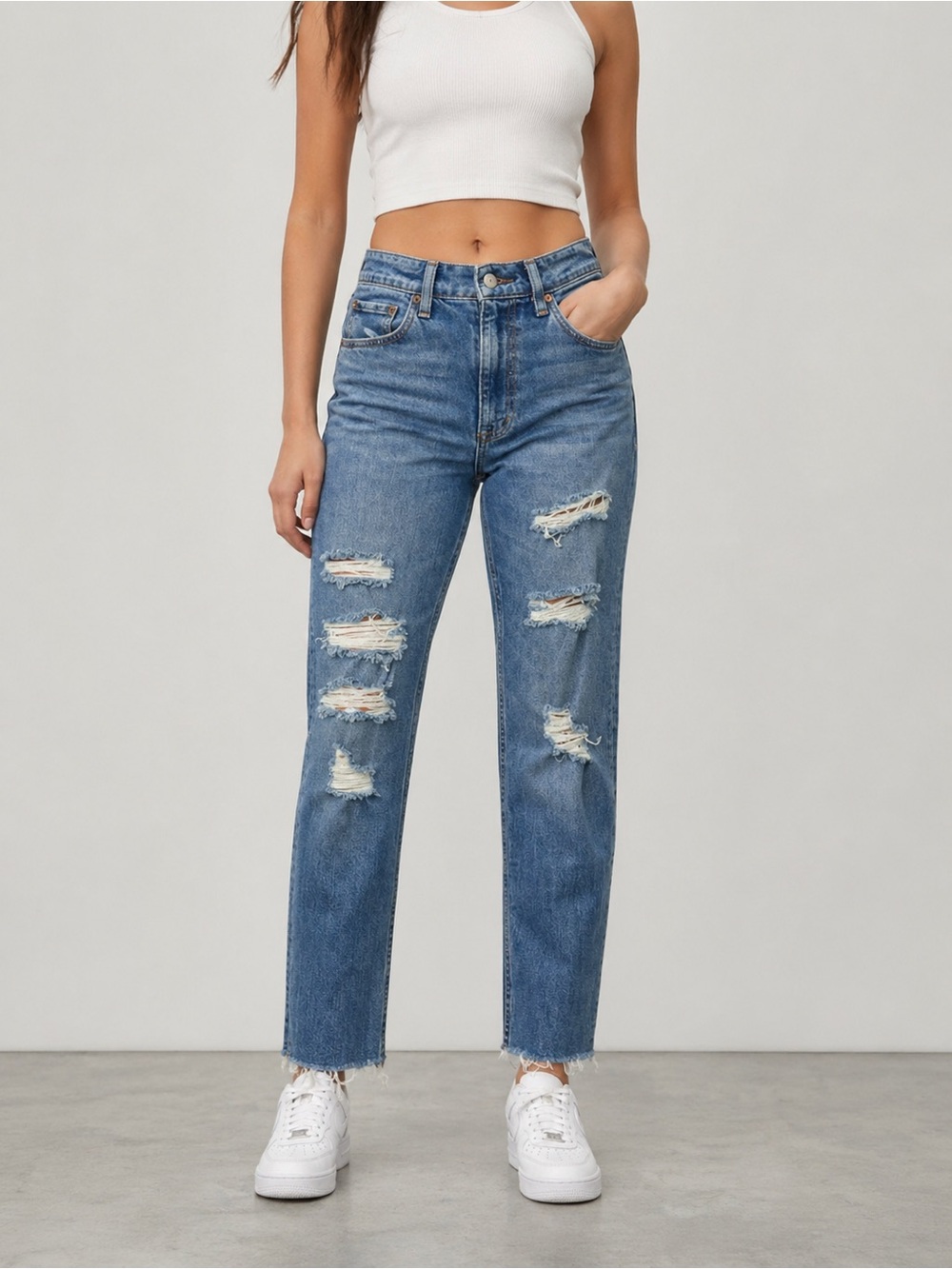 Abercrombie & Fitch Zoe Natural Rise Ankle Straight Distressed Raw Hem Jeans